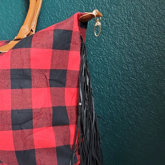 Red Buffalo Plaid Print Fringe Weekender… - Picture 2 of 3